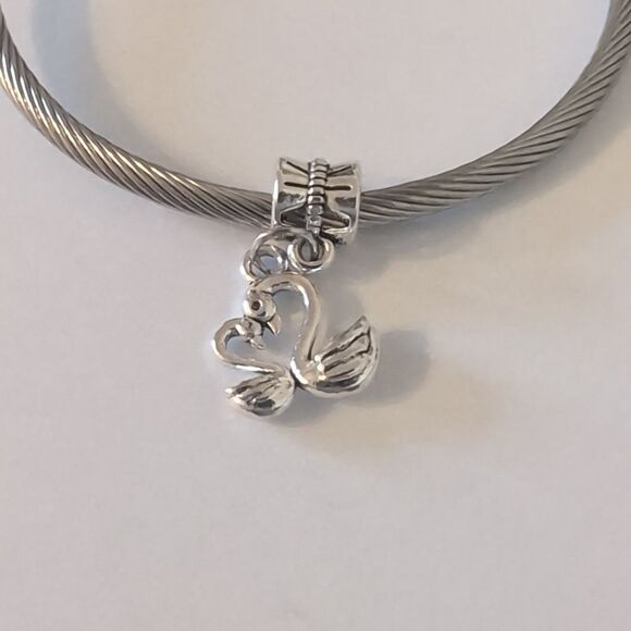 Silver Swans Dangle Charm for Pandora Style Bracelet - Picture 1 of 4